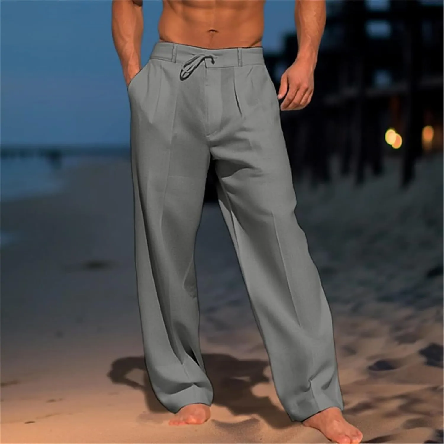 Men's Cotton Linen Pants Elastic Waist Loose Fit Drawstring Pants Lightweight Athletic Joggers for Everyday
