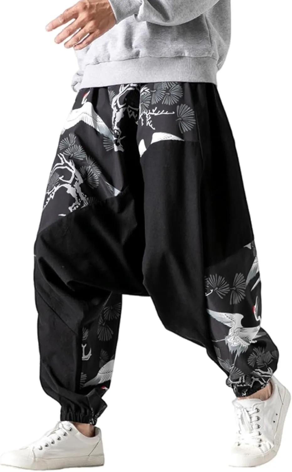 Mens Crane Print Spliced Baggy Pants Ethnic Elastic Waist Harem Rdop Crotch Tapered Trousers Vintage Loose