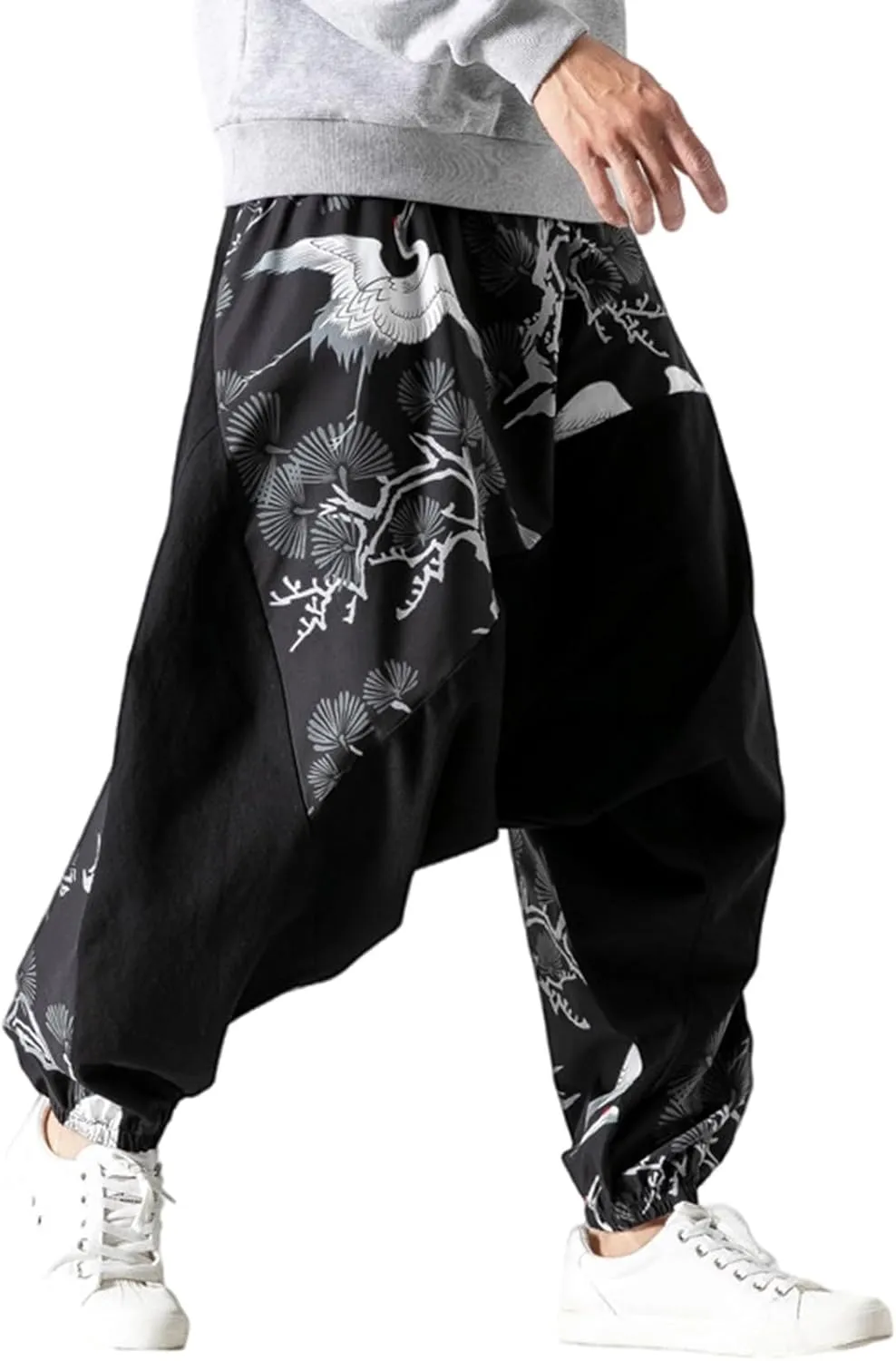 Mens Crane Print Spliced Baggy Pants Ethnic Elastic Waist Harem Rdop Crotch Tapered Trousers Vintage Loose