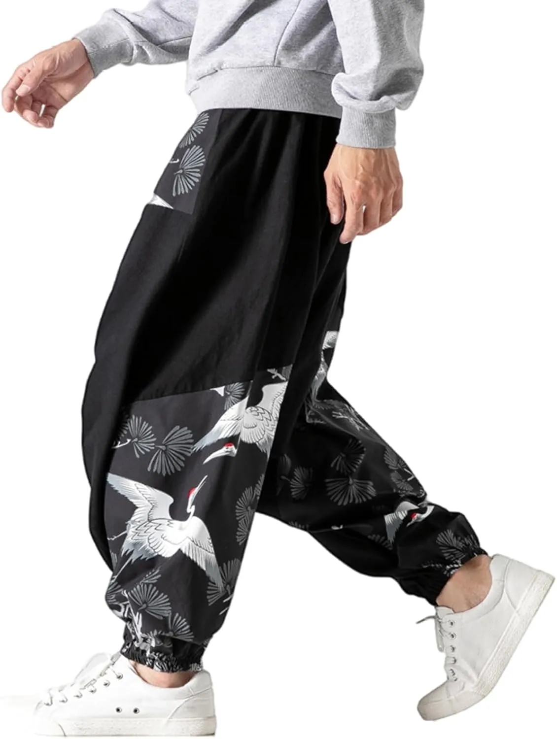 Mens Crane Print Spliced Baggy Pants Ethnic Elastic Waist Harem Rdop Crotch Tapered Trousers Vintage Loose