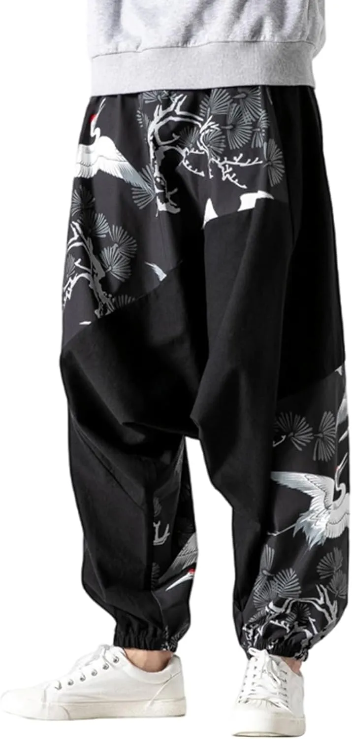 Mens Crane Print Spliced Baggy Pants Ethnic Elastic Waist Harem Rdop Crotch Tapered Trousers Vintage Loose