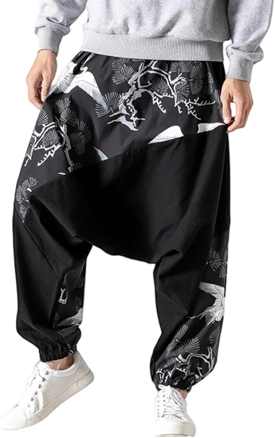 Mens Crane Print Spliced Baggy Pants Ethnic Elastic Waist Harem Rdop Crotch Tapered Trousers Vintage Loose