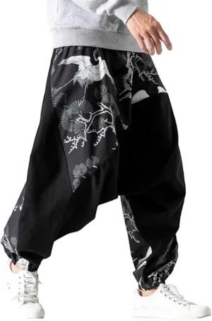Mens Crane Print Spliced Baggy Pants Ethnic Elastic Waist Harem Rdop Crotch Tapered Trousers Vintage Loose