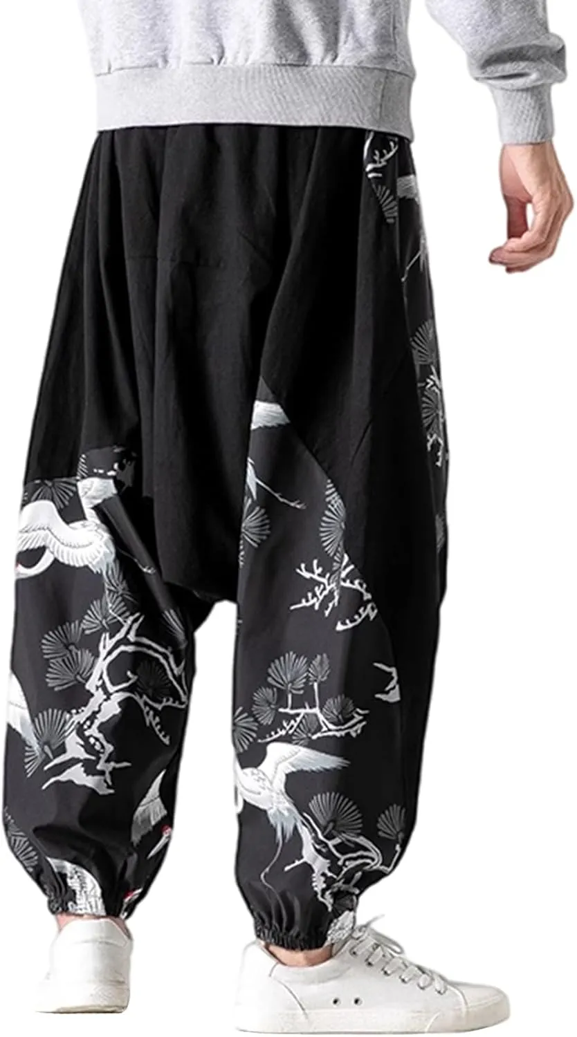 Mens Crane Print Spliced Baggy Pants Ethnic Elastic Waist Harem Rdop Crotch Tapered Trousers Vintage Loose