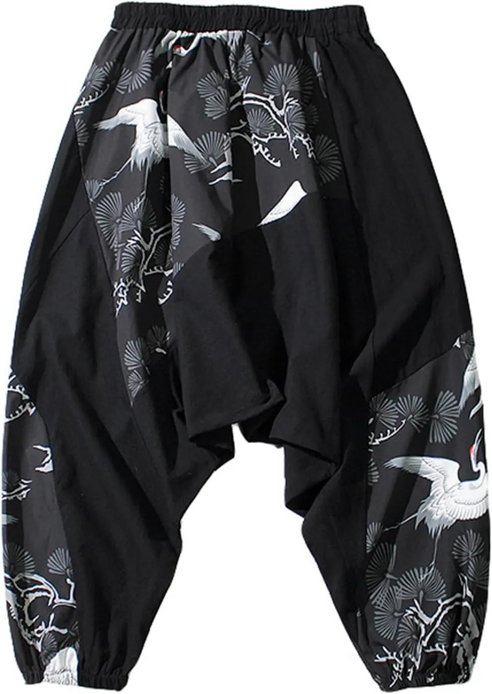 Mens Crane Print Spliced Baggy Pants Ethnic Elastic Waist Harem Rdop Crotch Tapered Trousers Vintage Loose