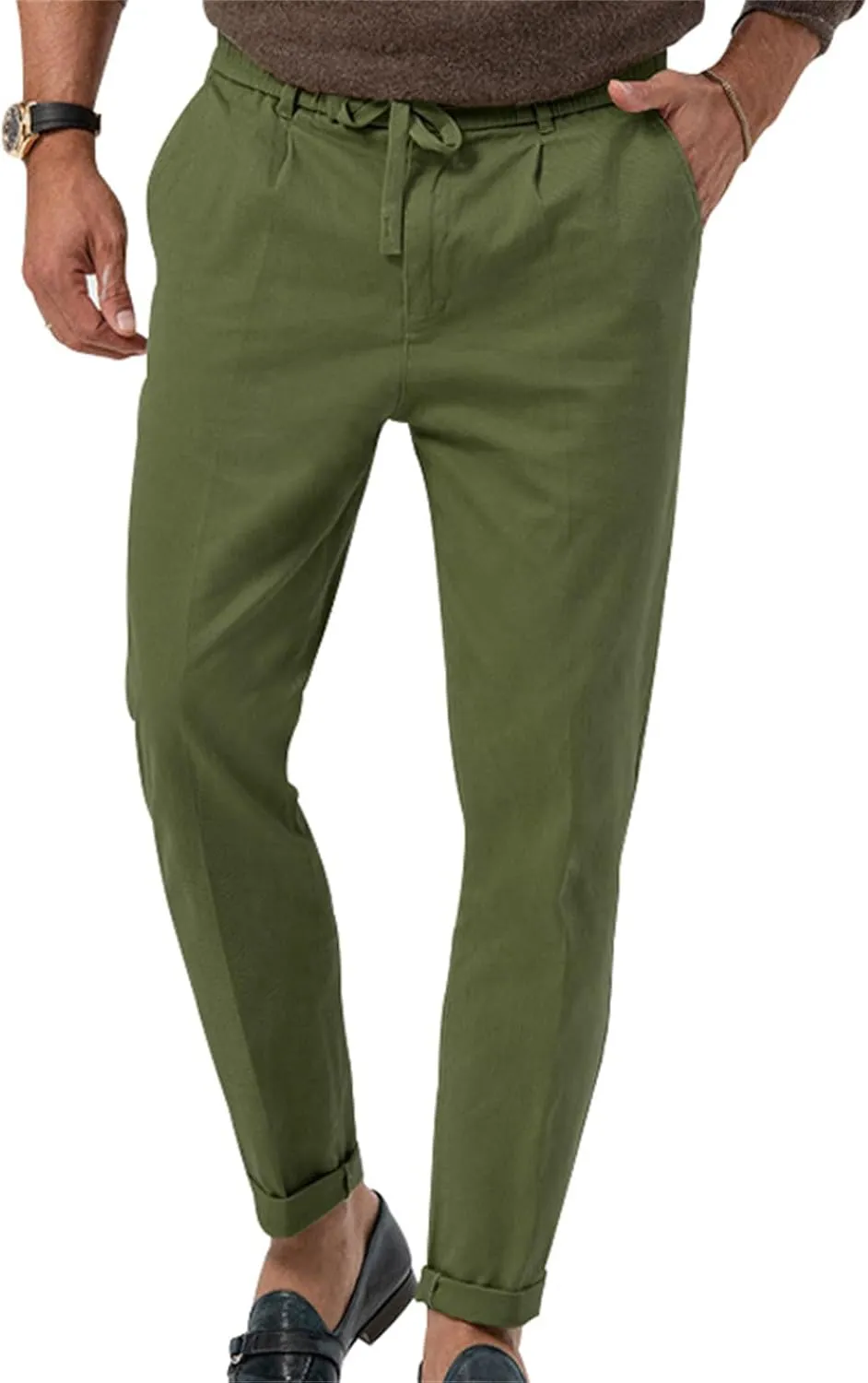 Mens Dress Pants Straight Elastic Waist Casual Lightweight Slim Fit Solid Pants Beach Yoga Business Trousers Pockets