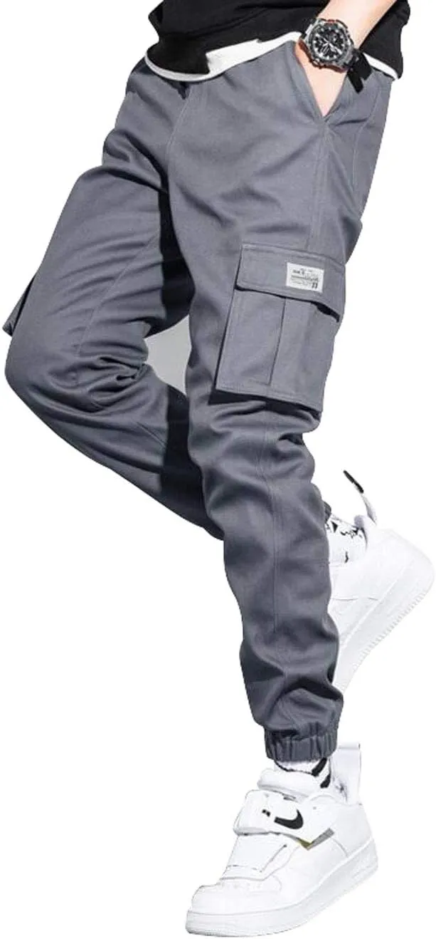 Men's Elastic Waist Multi-Pockets Cargo Jogger Pants Slim Fit Chino Trousers