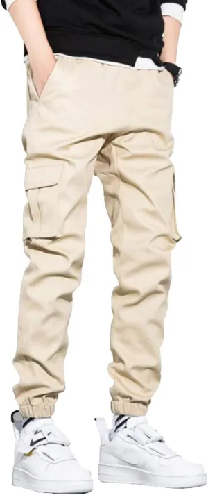 Men's Elastic Waist Multi-Pockets Cargo Jogger Pants Slim Fit Chino Trousers