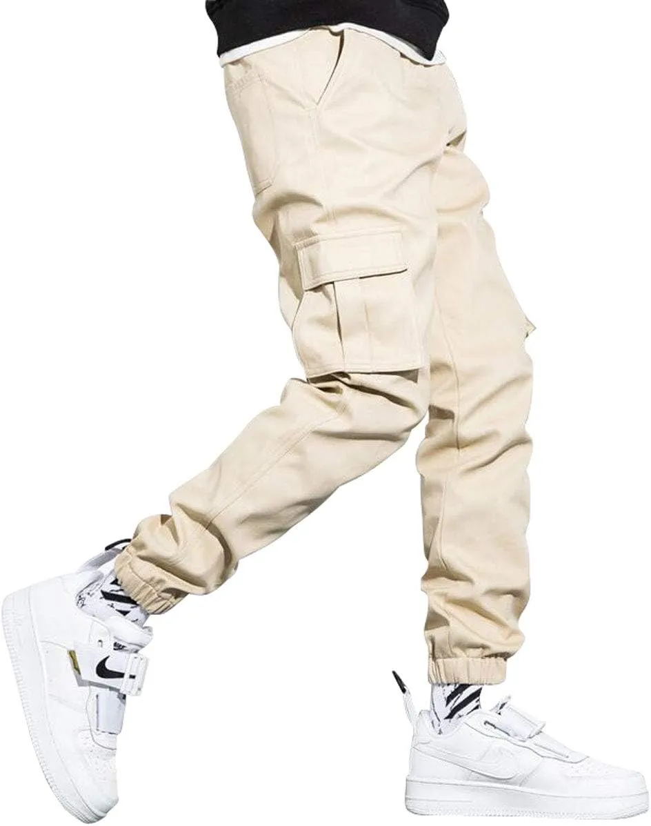 Men's Elastic Waist Multi-Pockets Cargo Jogger Pants Slim Fit Chino Trousers