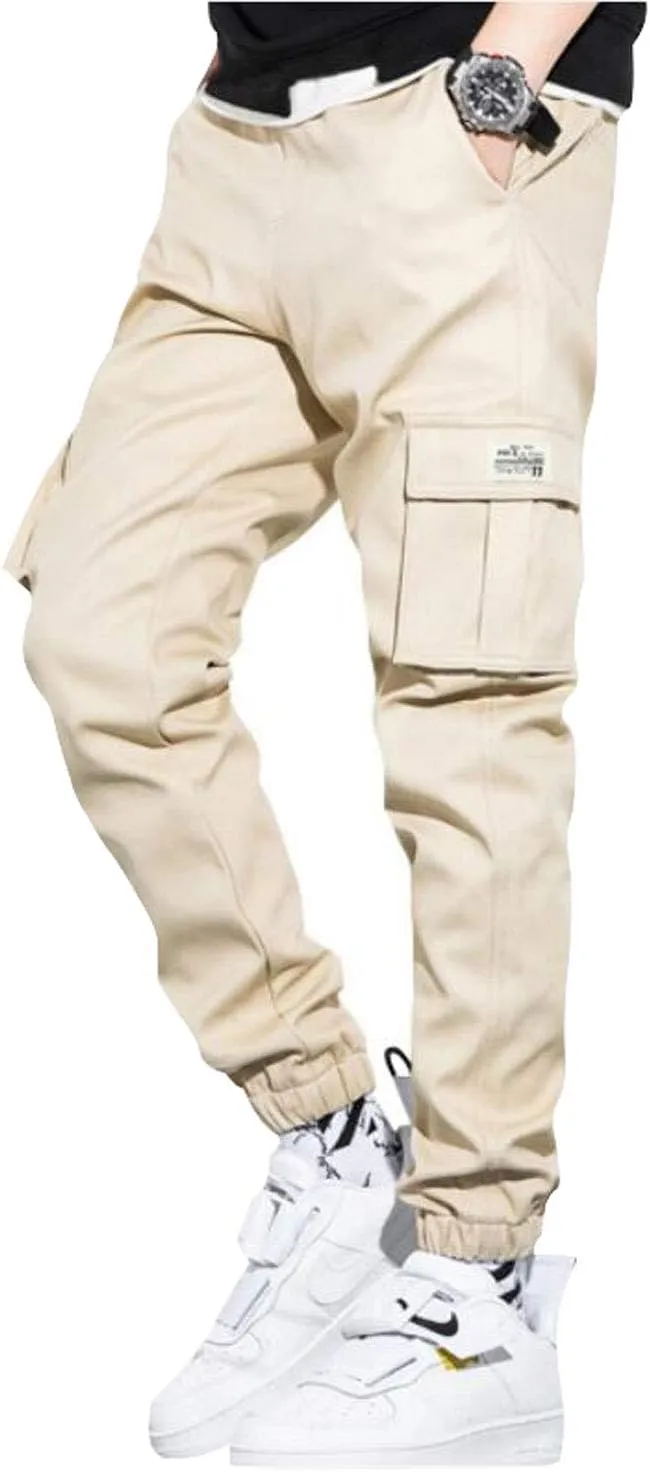 Men's Elastic Waist Multi-Pockets Cargo Jogger Pants Slim Fit Chino Trousers