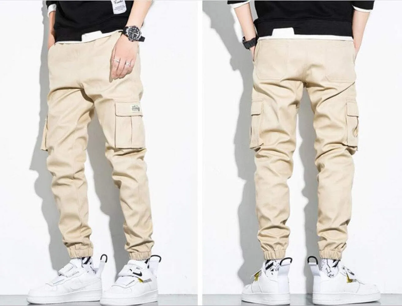 Men's Elastic Waist Multi-Pockets Cargo Jogger Pants Slim Fit Chino Trousers