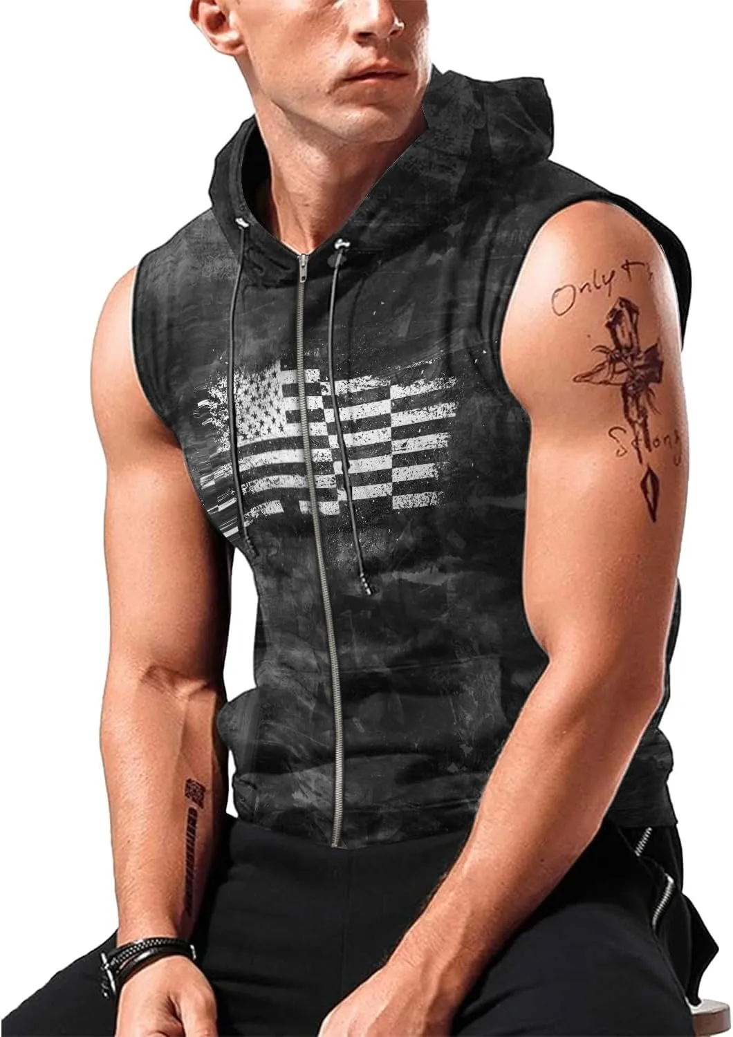 Mens Fashion Muscle Hooded Workout Hooded Tank Tops with Pocket Gym Training Zip Hoodies Sleeveless