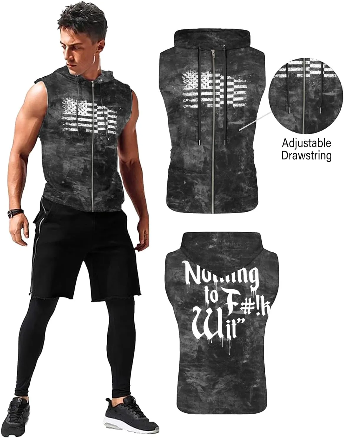 Mens Fashion Muscle Hooded Workout Hooded Tank Tops with Pocket Gym Training Zip Hoodies Sleeveless