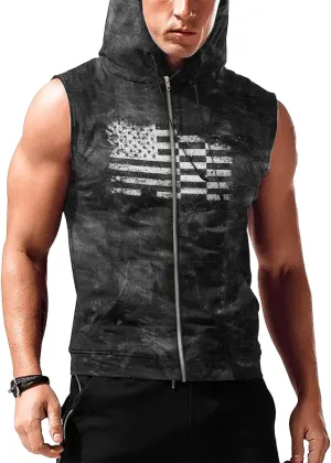 Mens Fashion Muscle Hooded Workout Hooded Tank Tops with Pocket Gym Training Zip Hoodies Sleeveless