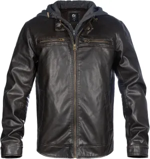 Mens Faux Leather Jacket, Padded Windbreaker, Motorcycle Biker Bomber Coat with Hood