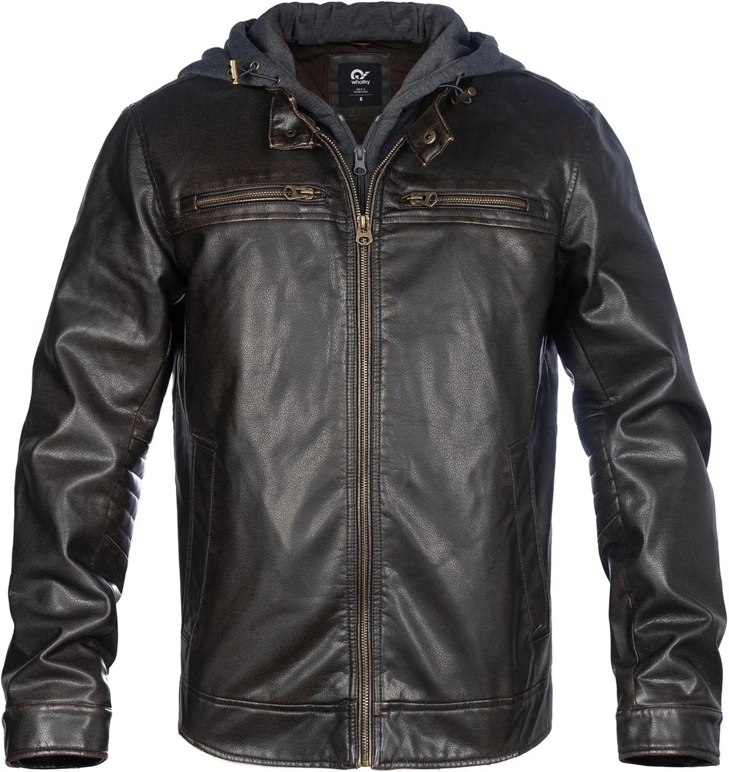Mens Faux Leather Jacket, Padded Windbreaker, Motorcycle Biker Bomber Coat with Hood