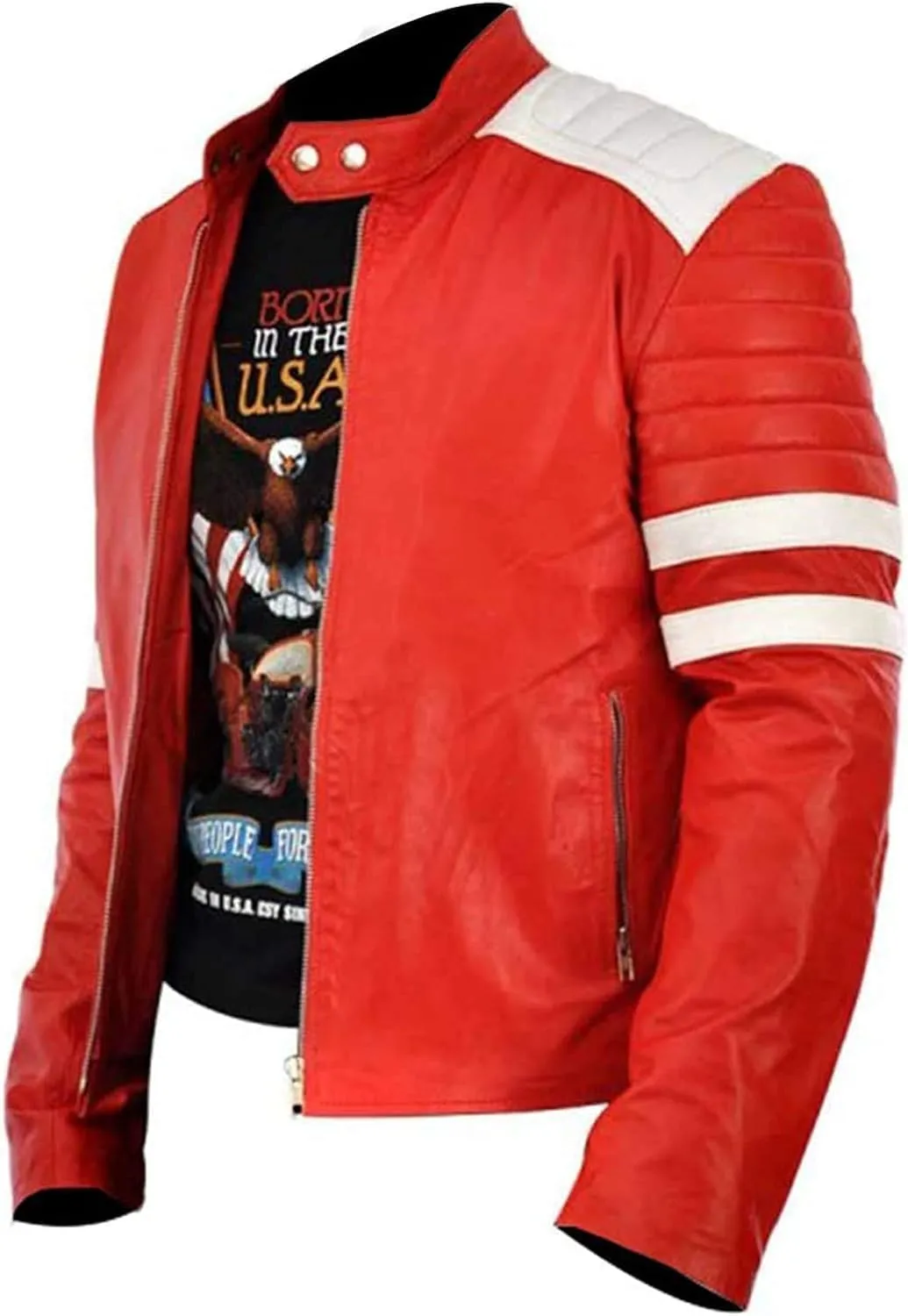 Mens MAYHEM Fight Hybrid Brad Retro Biker White Stripes Red White Inspired Fight Club Movie Tops Leather Motorcycle Jacket