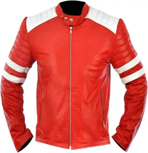 Mens MAYHEM Fight Hybrid Brad Retro Biker White Stripes Red White Inspired Fight Club Movie Tops Leather Motorcycle Jacket