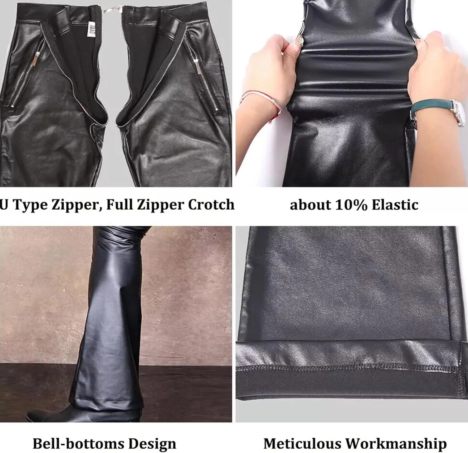 Men's PU Leather Leggings Zipper Crotch Long Pants Bell-Bottoms Motorcycle Flared Trousers