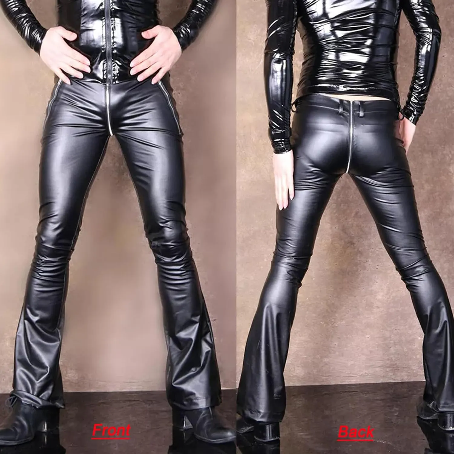 Men's PU Leather Leggings Zipper Crotch Long Pants Bell-Bottoms Motorcycle Flared Trousers