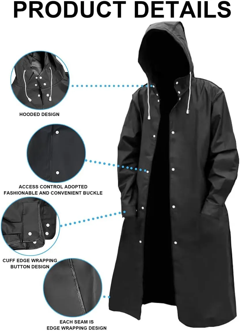 Men's Reusable EVA Long Raincoat, Windproof Waterproof Trench Coat for Hiking Fishing Dog Walking Outdoor Activities