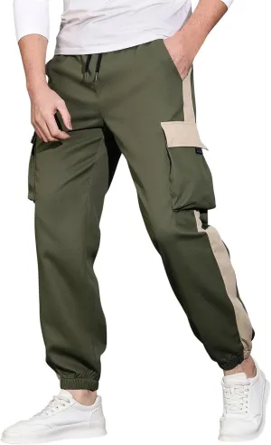 Men's Running Cargo Pants Large Elastic Waist Pants with Multi-Pocket Fit Drawstring Wide Trousers