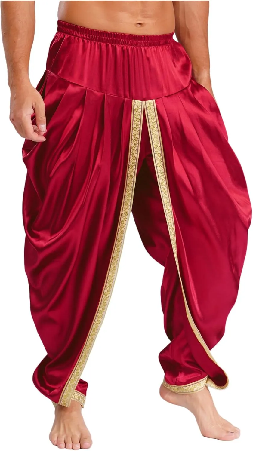 Mens Satin Indian Dhoti Style Pants Casual Elastic Waist Harem Indian Wedding Party Boho Hippie Trousers