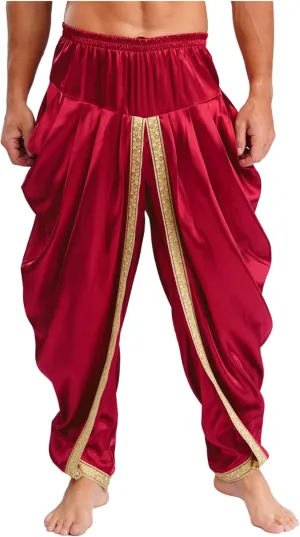 Mens Satin Indian Dhoti Style Pants Casual Elastic Waist Harem Indian Wedding Party Boho Hippie Trousers