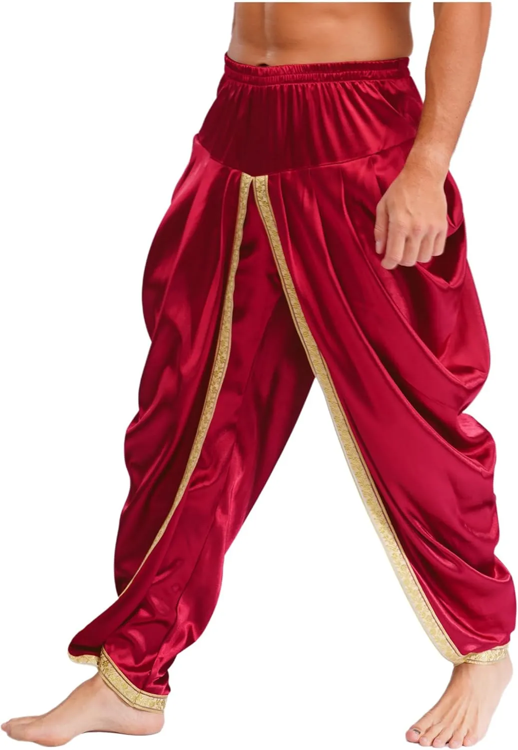 Mens Satin Indian Dhoti Style Pants Casual Elastic Waist Harem Indian Wedding Party Boho Hippie Trousers