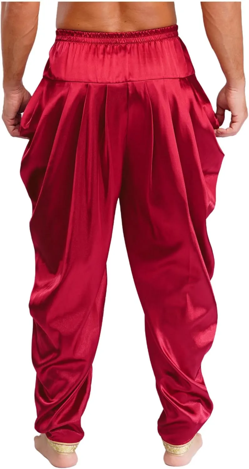 Mens Satin Indian Dhoti Style Pants Casual Elastic Waist Harem Indian Wedding Party Boho Hippie Trousers