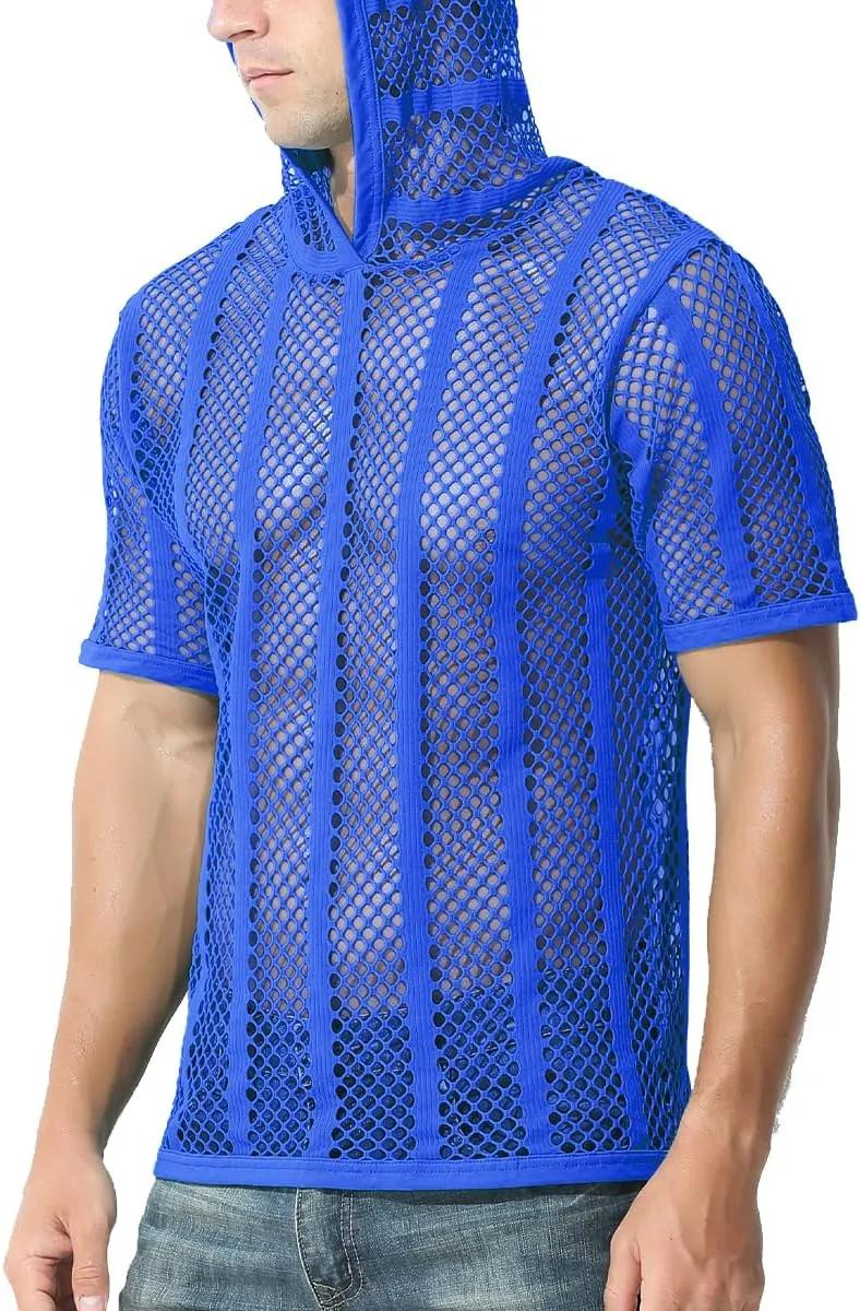 Men's Sexy See Through Fishnet Hoodies Short Sleeve T-Shirt Sheer Mesh Pullover