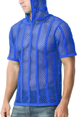 Men's Sexy See Through Fishnet Hoodies Short Sleeve T-Shirt Sheer Mesh Pullover
