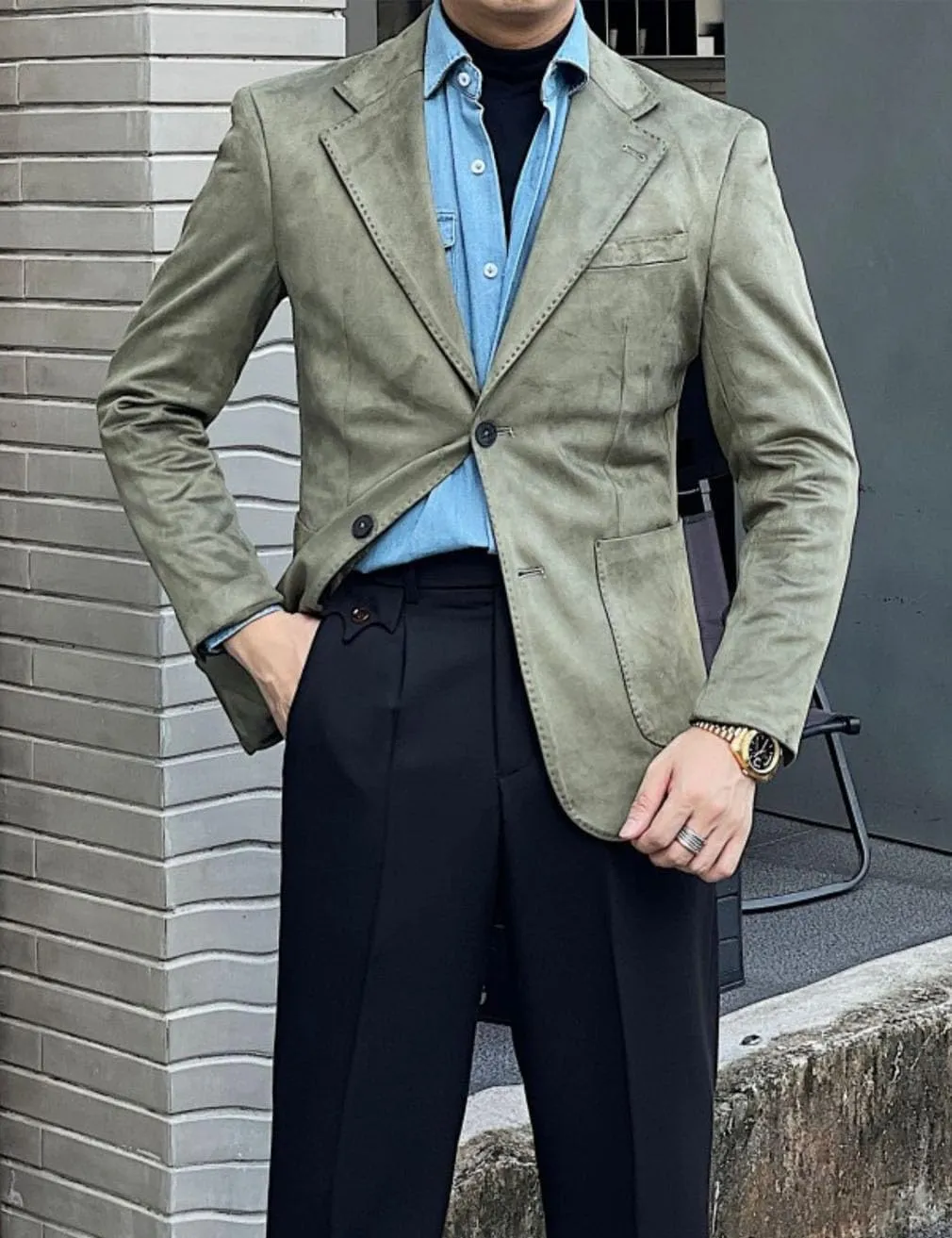 Men's Suede Single Breasted Blazer Sport Coat Notch Lapel Casual Business Jacket