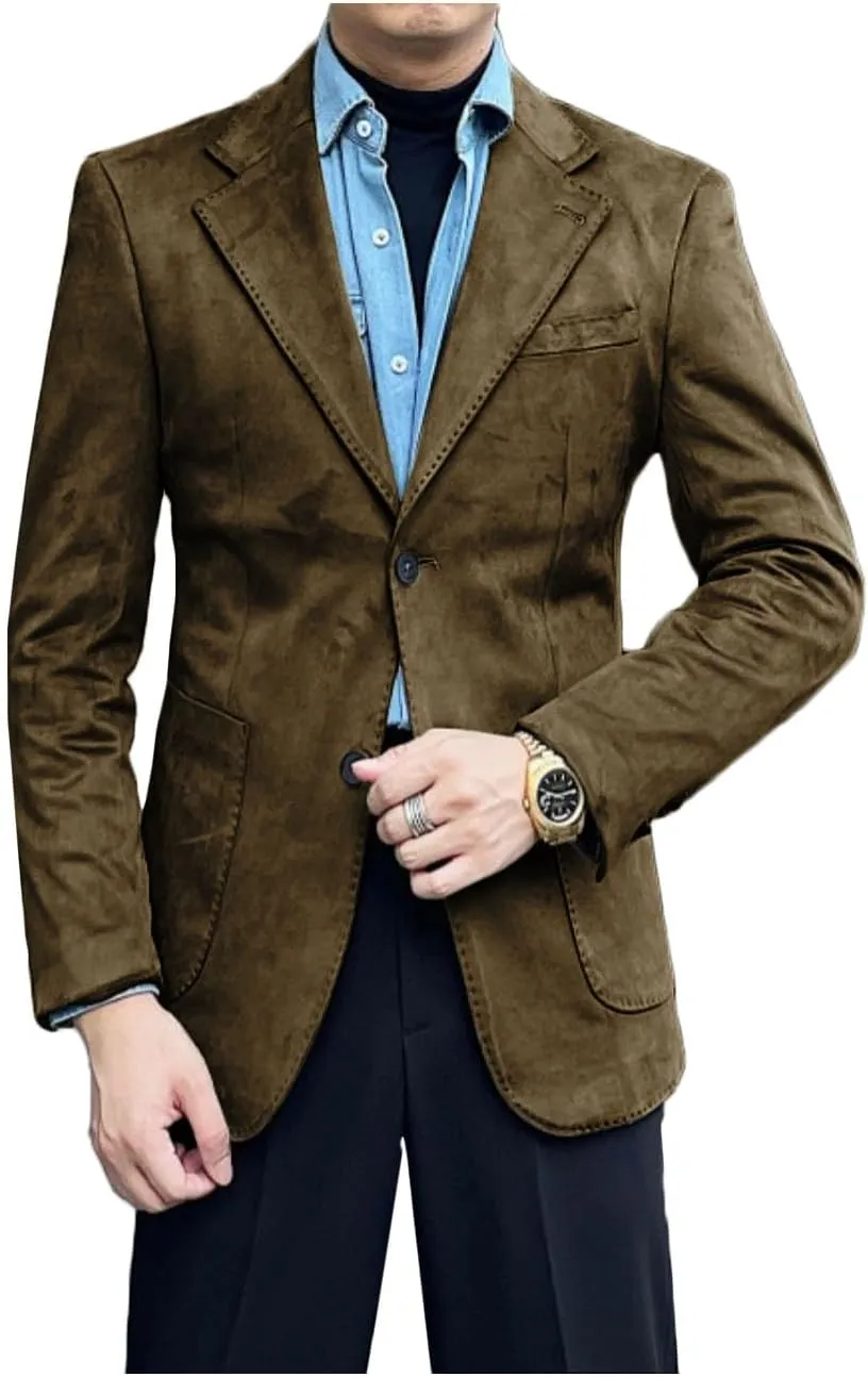 Men's Suede Single Breasted Blazer Sport Coat Notch Lapel Casual Business Jacket
