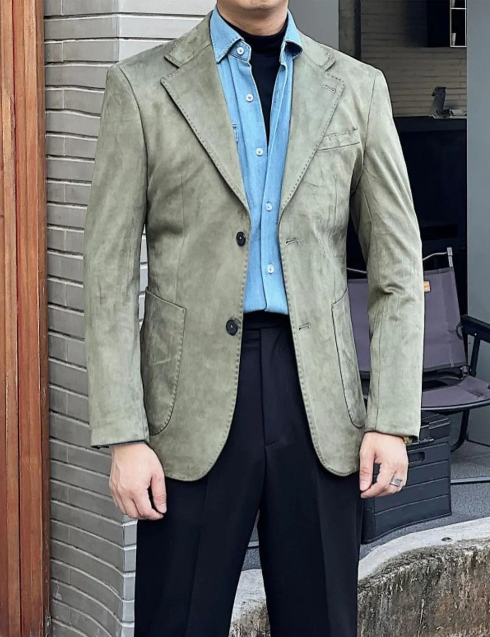 Men's Suede Single Breasted Blazer Sport Coat Notch Lapel Casual Business Jacket