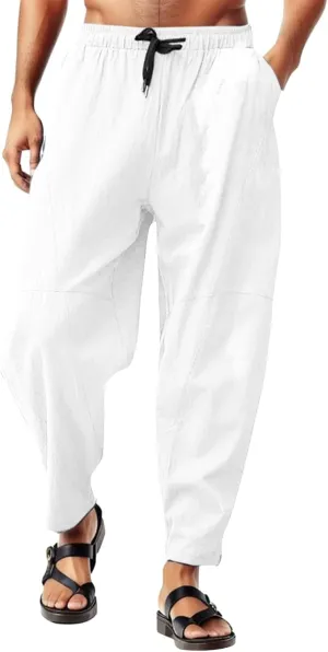 Men's Summer Beach Pants Elastic Waist Joggers Regular Fit Solid Color Pant Summer Long Trousers with Pockets