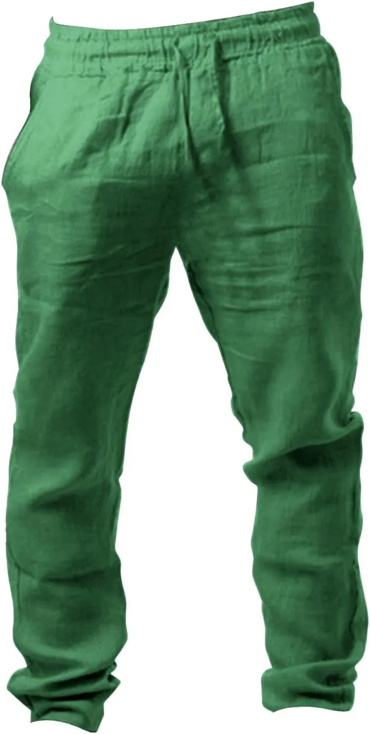 Mens Summer Lightweight Pants Elastic Waist Solid Color Trouser Beach Pants Outdoor Joggers with Pocket