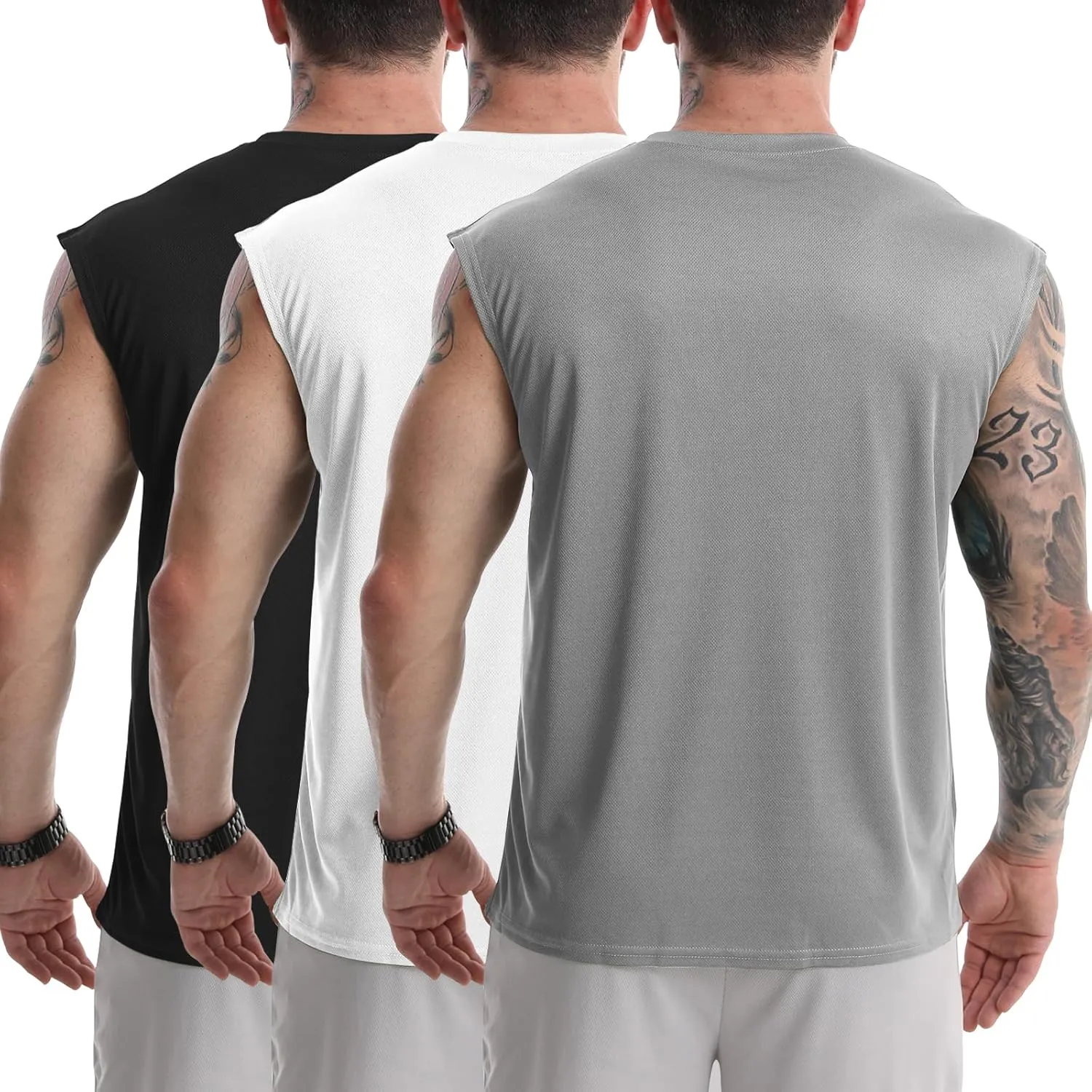 Men's Tank Tops 3 Pack Sleeveless Workout Mesh Material Quick Dry Athletic Running Gym Muscle Beach Fitness Shirts