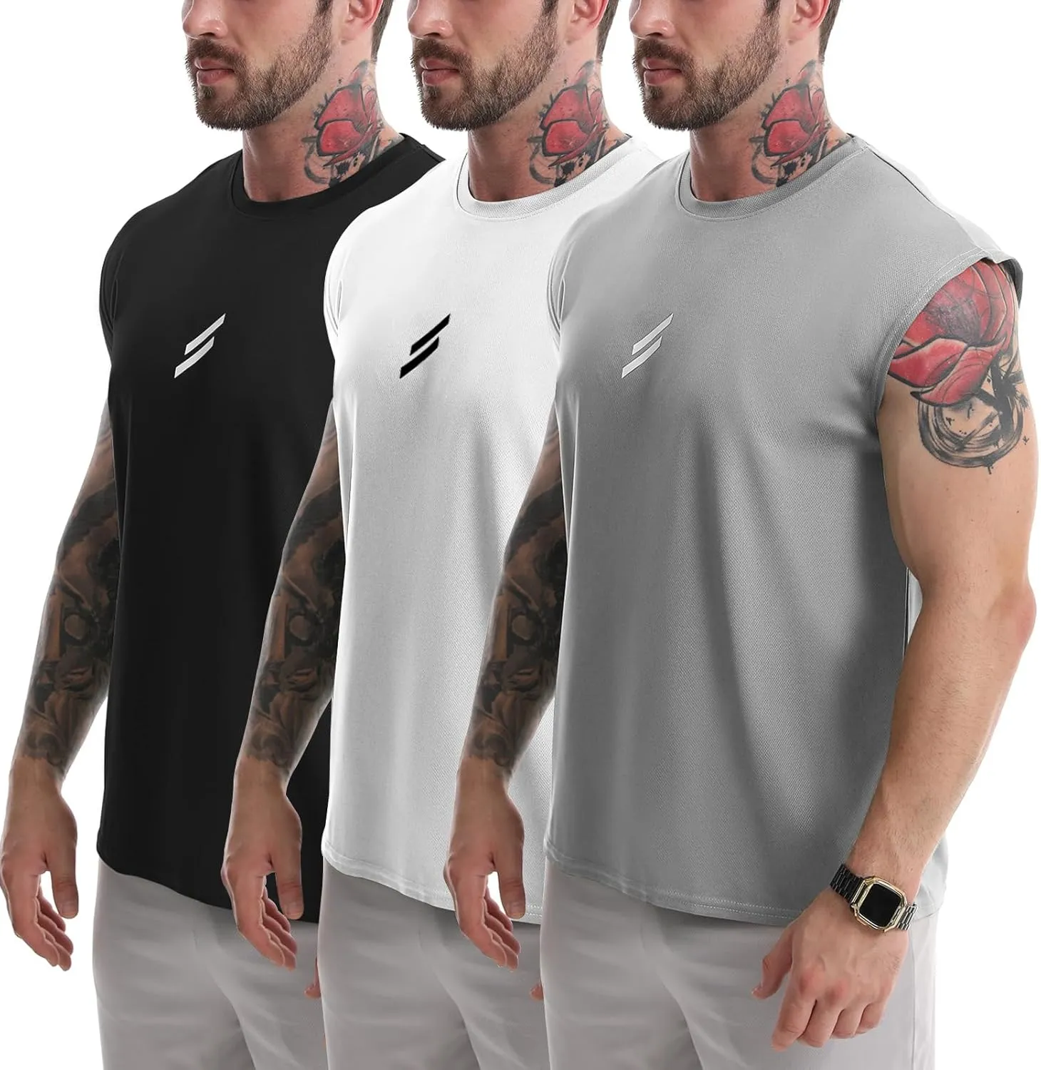 Men's Tank Tops 3 Pack Sleeveless Workout Mesh Material Quick Dry Athletic Running Gym Muscle Beach Fitness Shirts