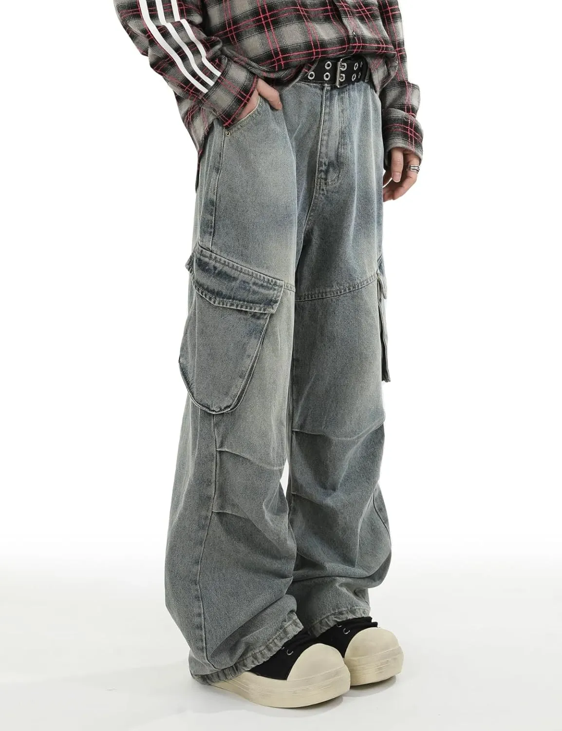 Men's Teens Y2k Baggy Cargo Jeans Washed Wide Leg Hip Hop Denim Pants Casual Loose Fit Trousers Streetwear with Pocket