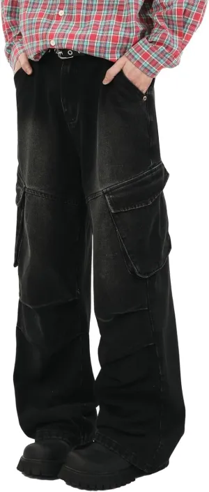 Men's Teens Y2k Baggy Cargo Jeans Washed Wide Leg Hip Hop Denim Pants Casual Loose Fit Trousers Streetwear with Pocket