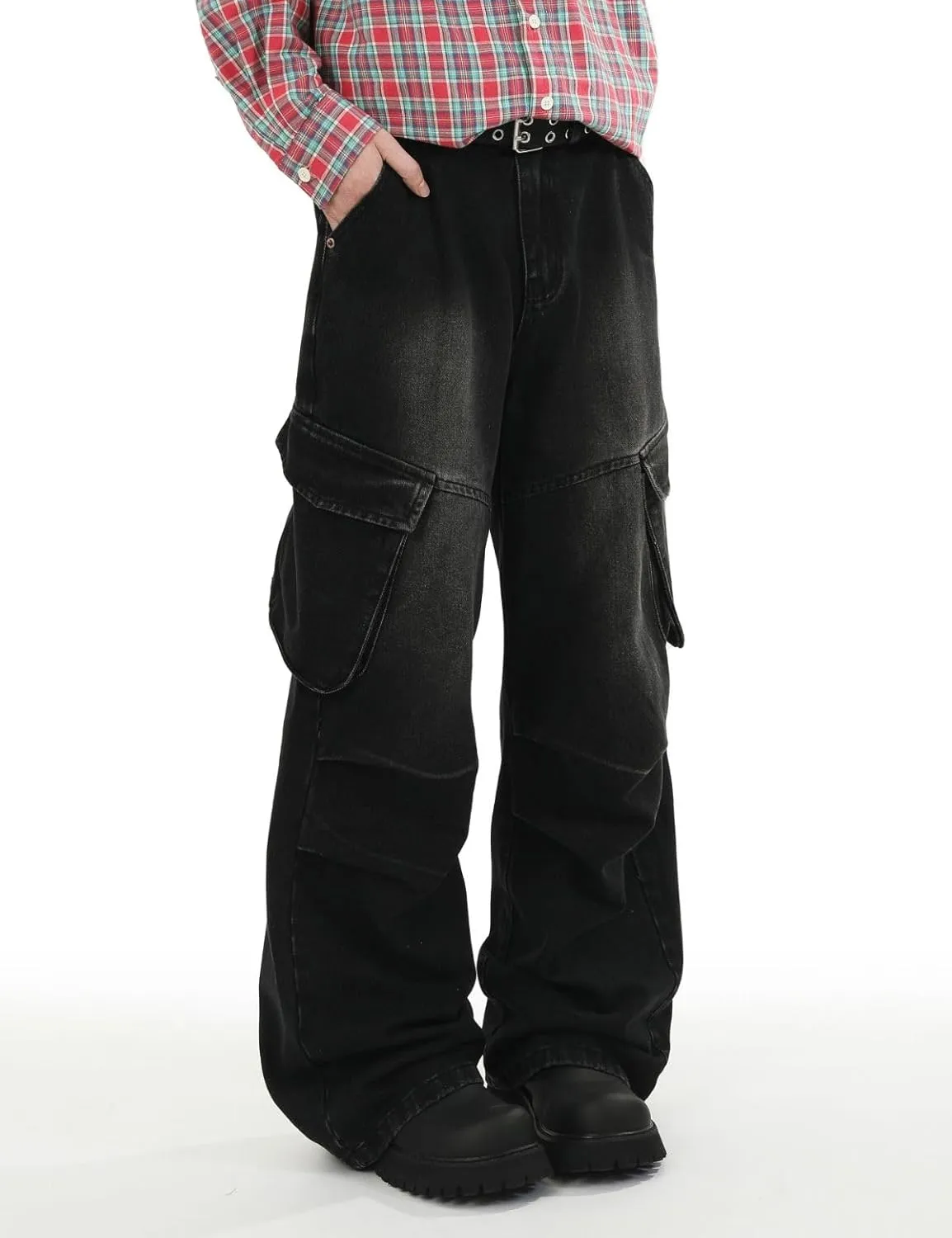 Men's Teens Y2k Baggy Cargo Jeans Washed Wide Leg Hip Hop Denim Pants Casual Loose Fit Trousers Streetwear with Pocket