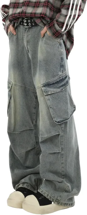Men's Teens Y2k Baggy Cargo Jeans Washed Wide Leg Hip Hop Denim Pants Casual Loose Fit Trousers Streetwear with Pocket