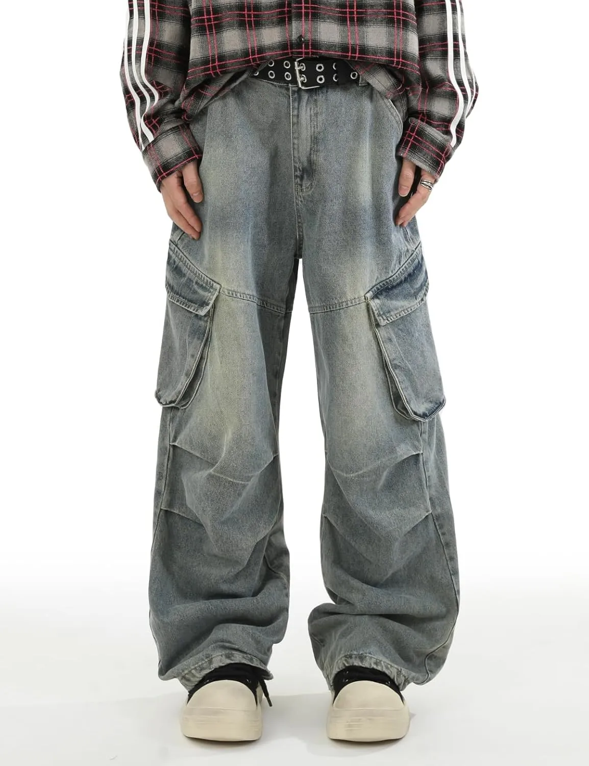 Men's Teens Y2k Baggy Cargo Jeans Washed Wide Leg Hip Hop Denim Pants Casual Loose Fit Trousers Streetwear with Pocket