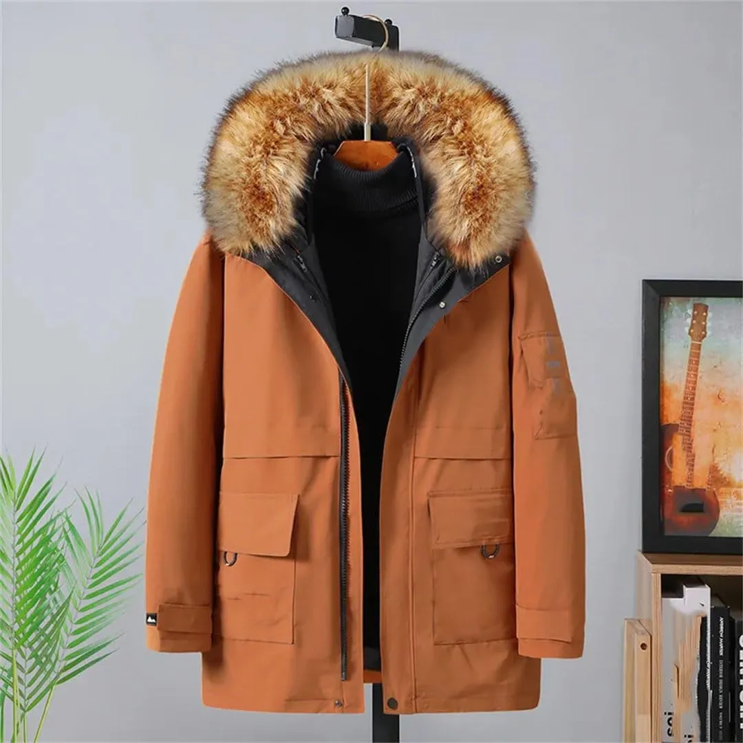 Men's Thick And Warm Winter Fur Collar Removable Lined Down And Cotton Padded Fleece Cold-Proof Plus Size Coat