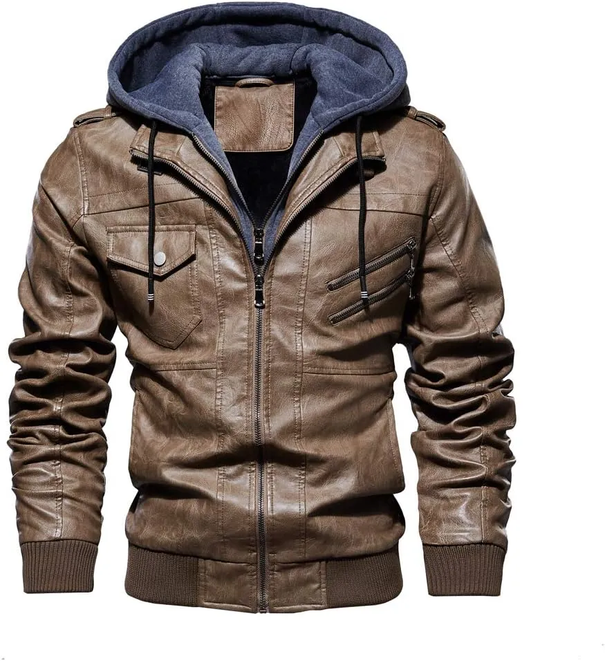 Mens Vintage Faux Leather Jacket Bomber Racer Moto Jacket with Removable Hood