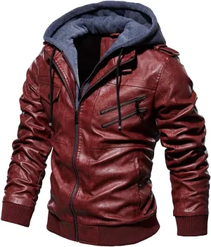 Mens Vintage Faux Leather Jacket Bomber Racer Moto Jacket with Removable Hood