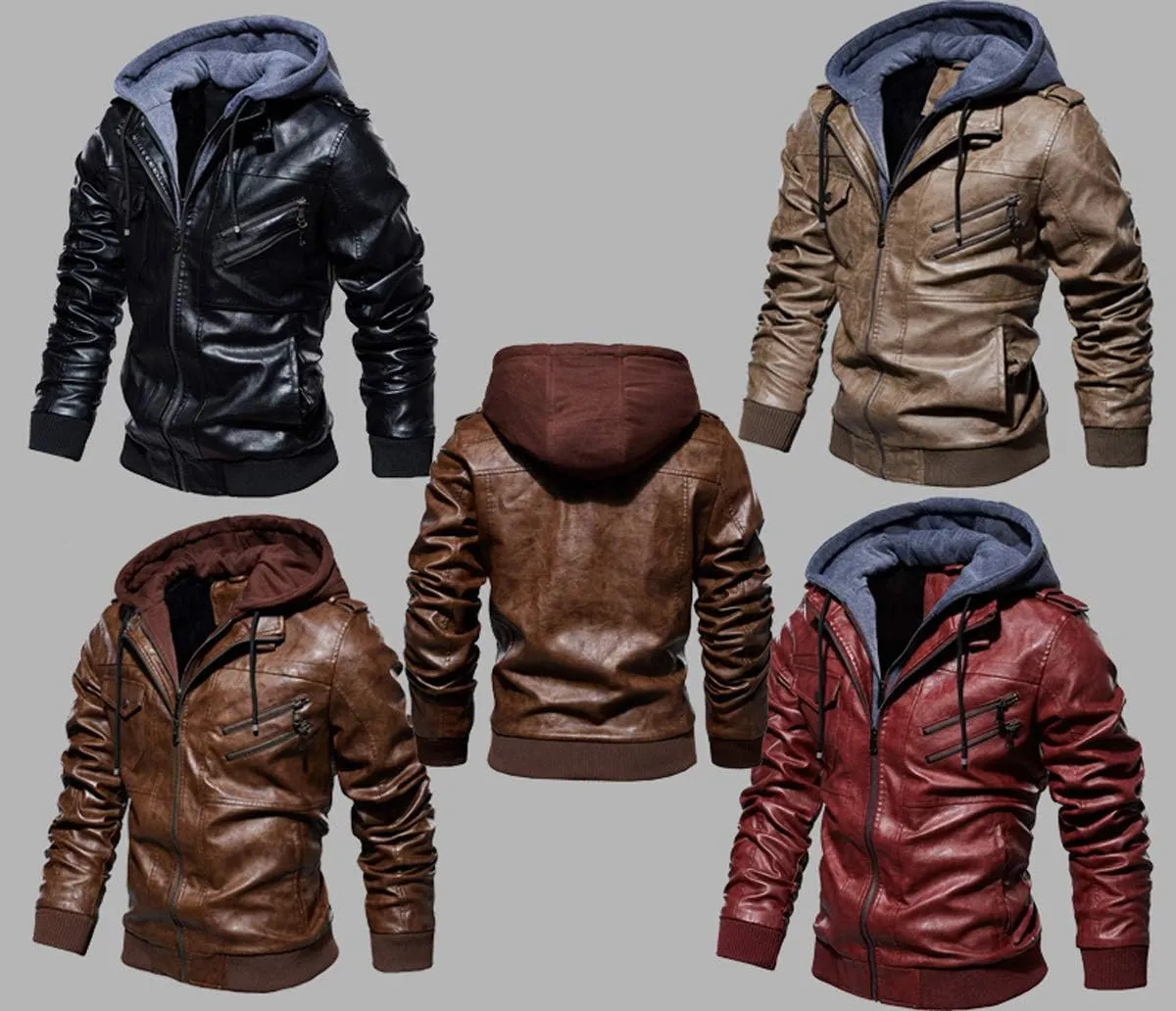 Mens Vintage Faux Leather Jacket Bomber Racer Moto Jacket with Removable Hood