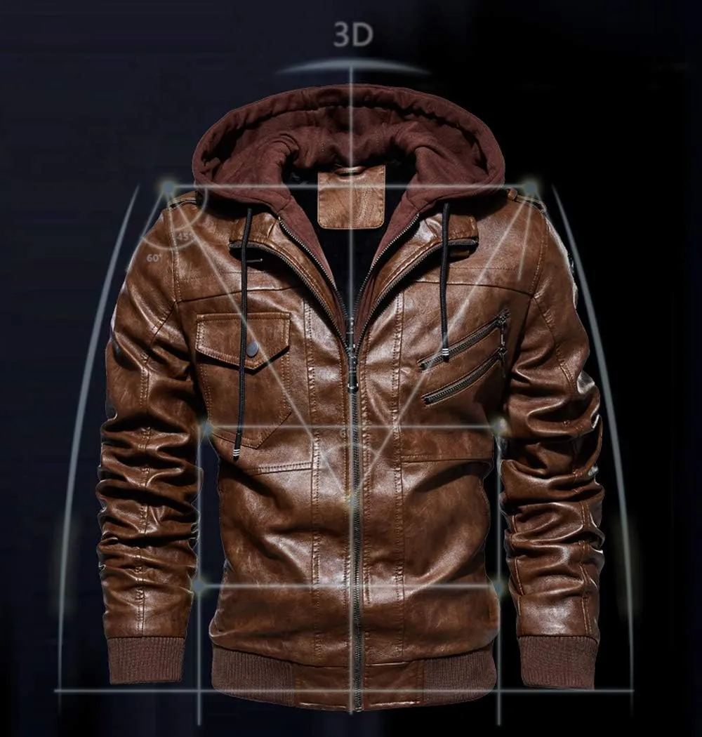 Mens Vintage Faux Leather Jacket Bomber Racer Moto Jacket with Removable Hood
