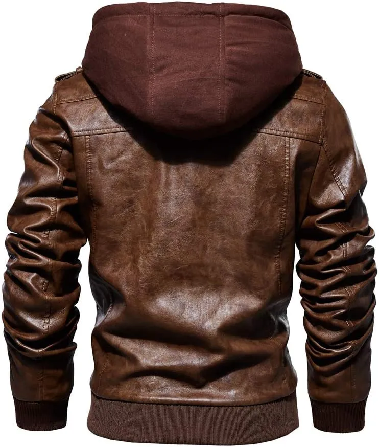 Mens Vintage Faux Leather Jacket Bomber Racer Moto Jacket with Removable Hood